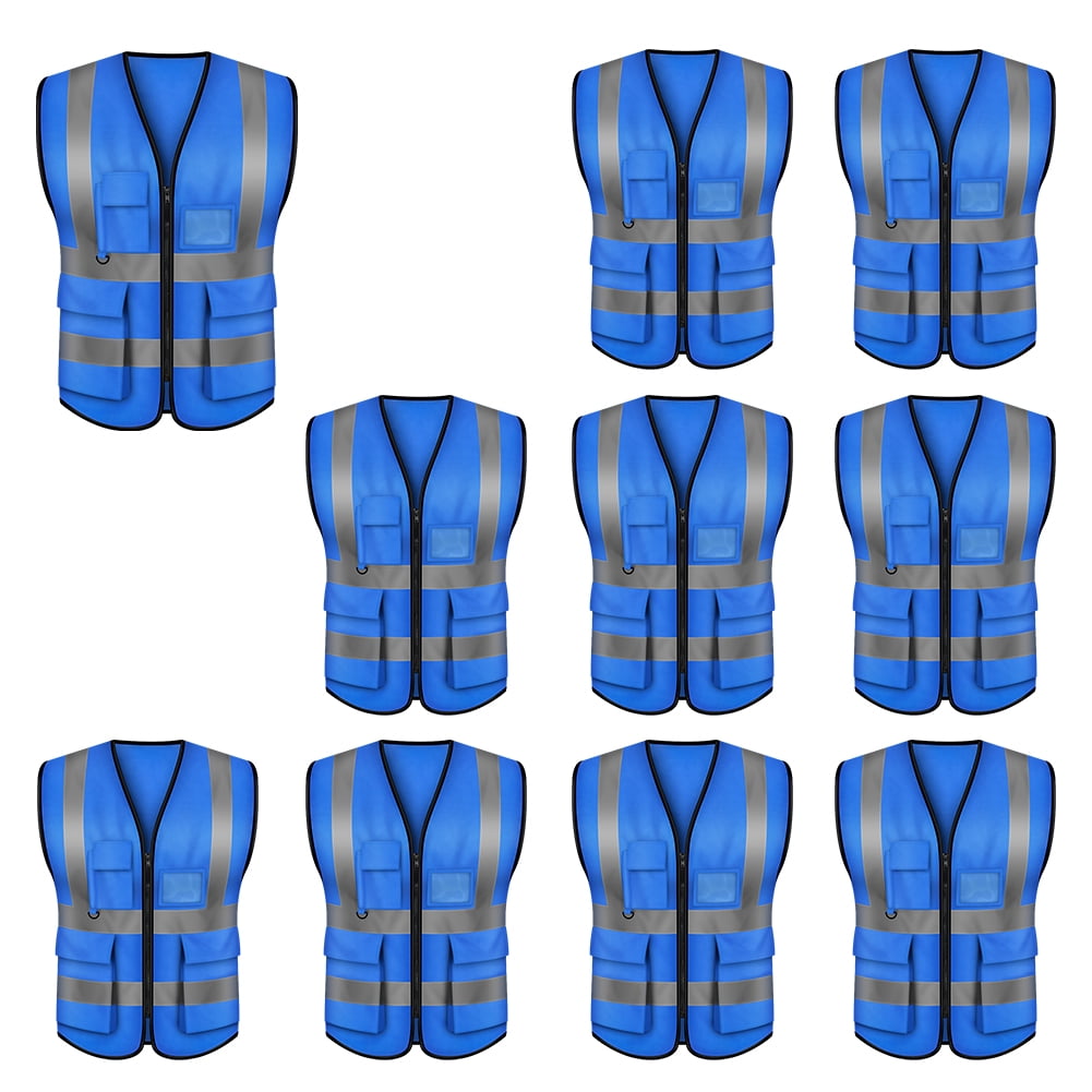 Toptie 5 Pockets High Visibility Zipper Front Safety Vest with Reflective Strips Uniform Vest, Pack of 10-Blue-L