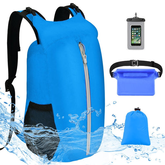 Vbiger Waterproof Dry Bags Set of 3 with Cellphone Bag Waist Bag, 20L Floating Dry Backpack Compression Sacks for Swimming, Kayak, Rafting & Boating, Blue